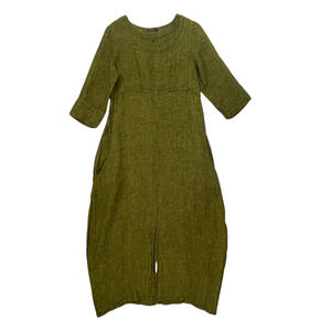 GRIZAS Textured Linen Midi Dress - Green Black Tweed - Size Small